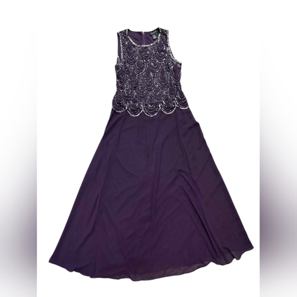 J Kara NWT Dress Plum Formal Gown Beaded Sleeveless Flowing Maxi Size 8P - Picture 5 of 12
